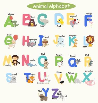 Children's alphabet with cute colorful animals