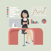 Happy businesswoman sitting at desk with graphs and charts vector