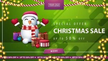 Christmas green horizontal discount banner with button vector