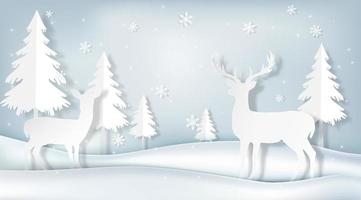 Paper art of deer in winter scene vector