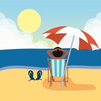 mujer tomando el sol en la playa, escena de verano vector