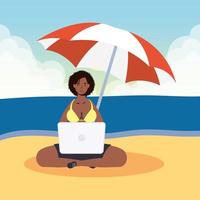 Woman using laptop at the beach, summer scene vector