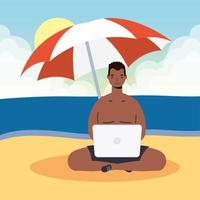 Man using laptop at the beach, summer scene vector