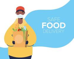 Safe food delivery banner with worker and groceries vector