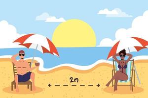 People sunbathing with social distance at the beach vector