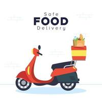 Safe food delivery banner with scooter and groceries vector