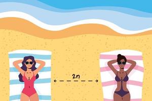 Women sunbathing with social distance at the beach vector