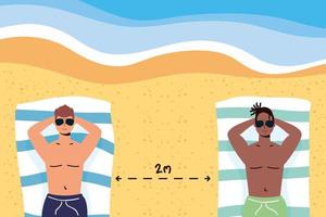 Men sunbathing with social distance at the beach vector