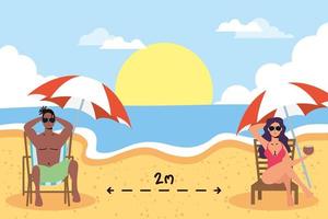 People sunbathing with social distance at the beach vector