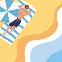 Man sunbathing at the beach, summer scene vector