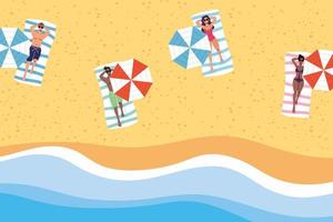 People sunbathing with social distance at the beach vector