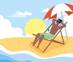 hombre tomando el sol en la playa, escena de verano vector