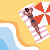 Woman sunbathing at the beach, summer scene vector