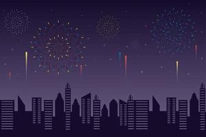 Fireworks burst explosions with a cityscape at night vector