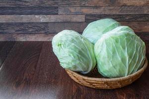 Cabbage in a basket on a wooden table photo