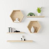Wooden hexagon shelves mockup photo