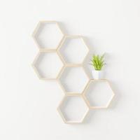 Wooden hexagon shelf with copy space photo