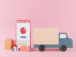maqueta de compras móviles en línea sobre fondo rosa foto