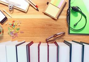 Flat lay, top view office table desk photo