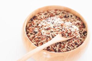 Rice with a wooden spoon in a bowl photo