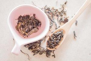 Oolong tea in wooden spoon and ceramic cup photo