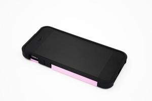 Black smartphone with a pink case photo