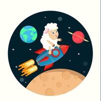 Cute sheep on top of a rocket ship in space vector