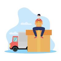 Delivery service with truck driver delivering a box vector