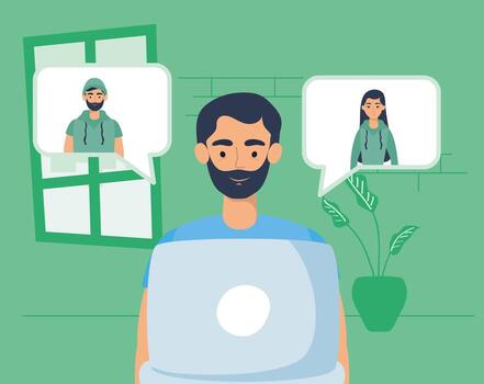 hombre usando laptop para una videollamada en casa vector