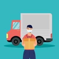 Delivery service with truck driver delivering a box vector