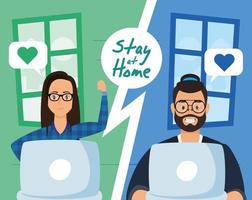 Stay home campaign with people on a video call vector