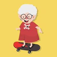 Happy old woman rides a skateboard vector