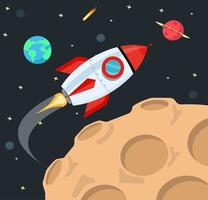 Flying rocket in space background vector