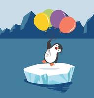 pingüino sosteniendo globos en témpano de hielo vector