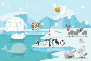 Animals and people in a cold Arctic landscape vector