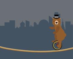 Circus bear riding a unicycle along a tightrope vector