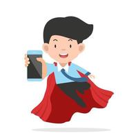 Super businessman holding a smartphone vector