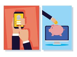 Online banking technology banner set with electronic devices vector