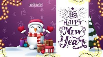 Purple postcard with Christmas pattern and snowman vector