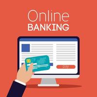Online banking technology with desktop computer vector