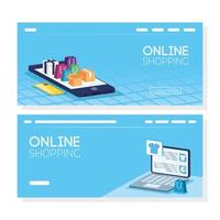 conjunto de banners de compras en línea y comercio electrónico. vector