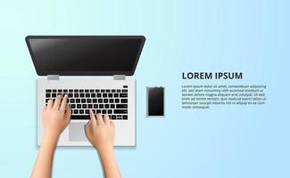 Typing laptop on the wood table with illustration vector