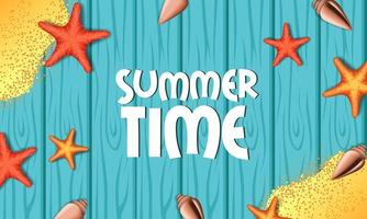 Hello Summer time holiday with table wood background vector