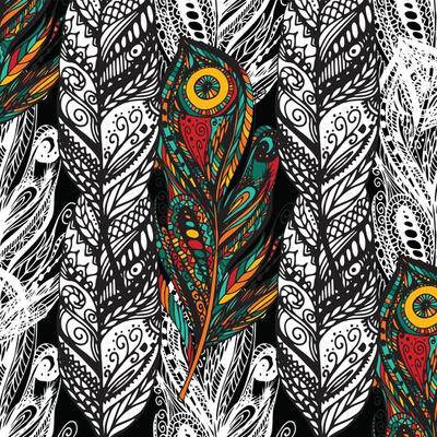 Pattern with doodle feathers