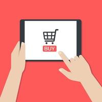 Hands holding a tablet and tapping a buy button vector