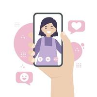 Hand holding a smartphone to do a video call vector