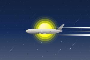 Airplane flying at night through the moon and stars vector