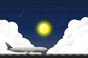 Airplane parked on a runway with sun and clouds vector