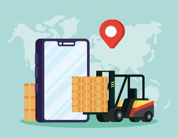 Online delivery service composition with forklift via smartphone vector