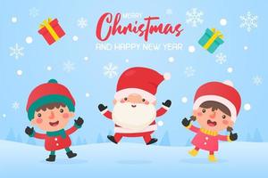 Santa and friends jumping for joy in snow vector